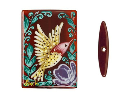 Hummingbird with Flower Hand-Painted Red Agate Rectangle Bead