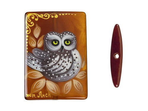 Owl with Leaves Hand-Painted Red Agate Rectangle Bead