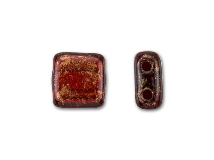CzechMates Glass 6mm Gold Marbled Siam Ruby Two-Hole Tile Bead