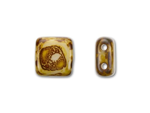 CzechMates Glass 6mm Ivory with Picasso Finish Two-Hole Tile Bead