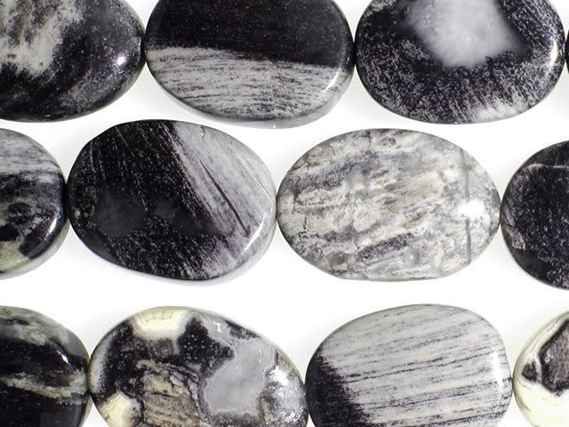 Dakota Stones 10x14mm Black Silver Leaf Jasper Oval Bead Strand