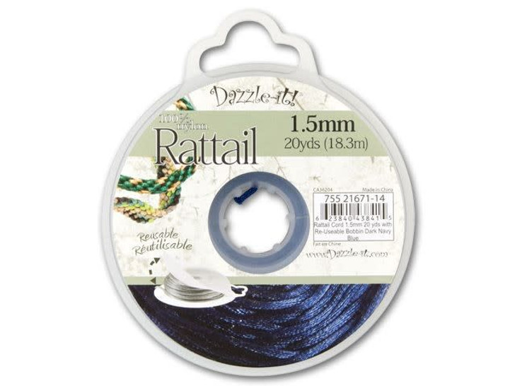 Dazzle It 1.5mm Dark Navy Blue Satin Cord on Reusable Bobbin - 20 yards