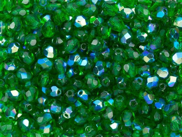 Czech Fire-Polish Bead 4mm Emerald AB (50pc Strand) by Starman