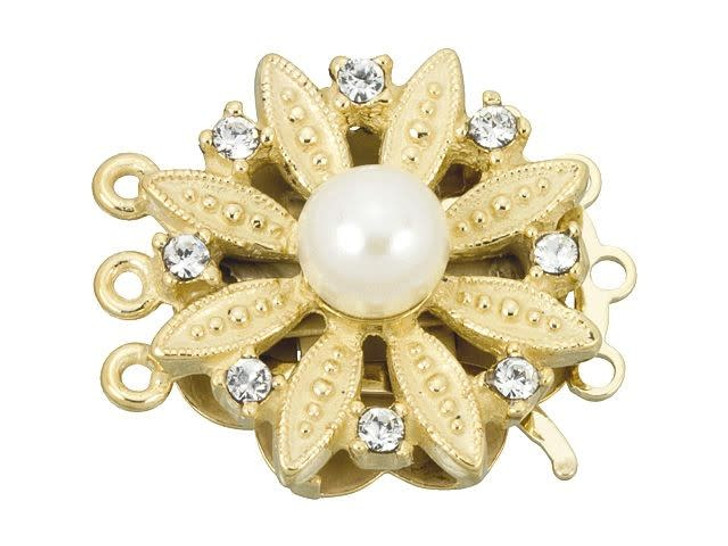 Gold-Filled Decorated Flower 3-Row Clasp with White Pearl and Clear Crystals