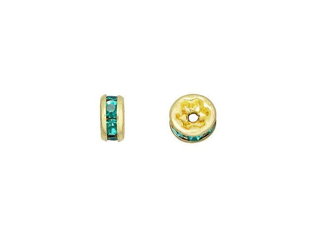 Gold-Plated 4.5mm Teal Rhinestone Rondelle Spacer Bead