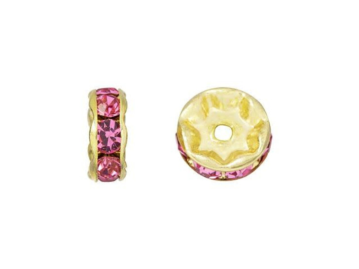 Gold-Plated 8mm Rosaline Rhinestone Rondelle Spacer Bead