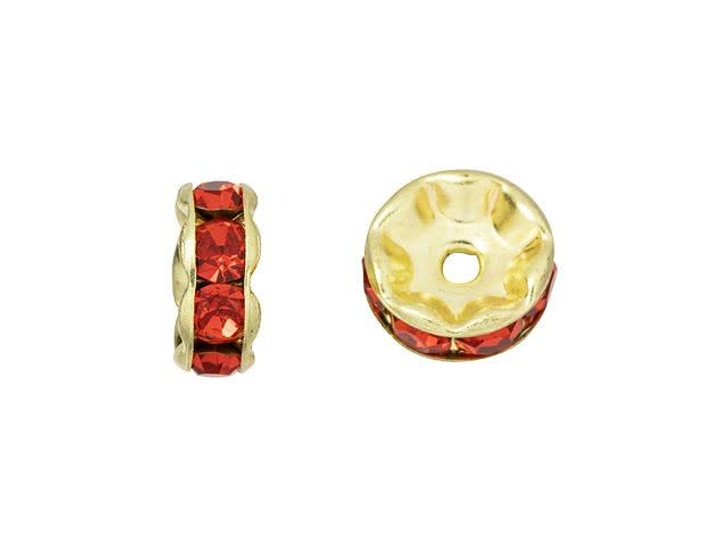 Gold-Plated 8mm Siam Ruby Rhinestone Rondelle Spacer Bead