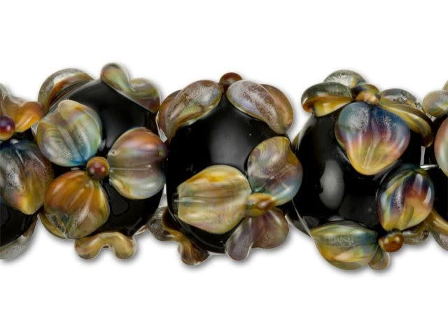 Grace Lampwork Black with Raised Flowers Mix Roundel Bead (7 pcs) Strand