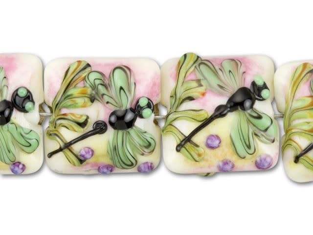 Grace Lampwork White with Dragonfly Pillow Bead (4pcs) Strand