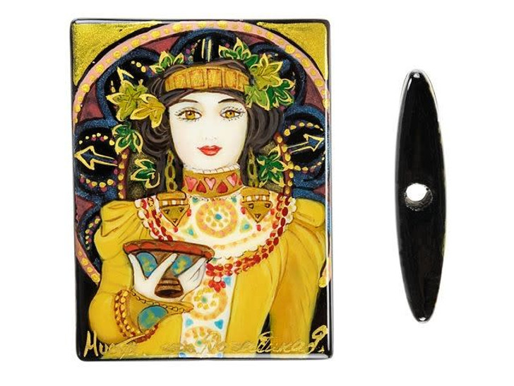 Hand-Painted Cremant Imperial by Mucha on Black Agate Rectangle Bead