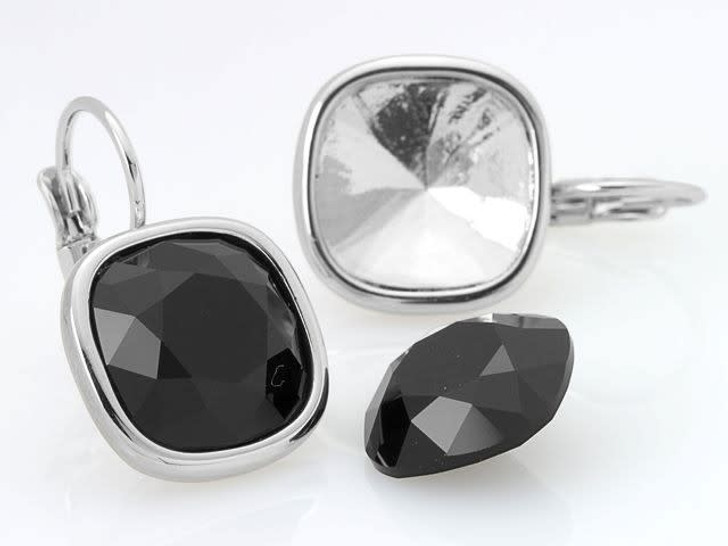 RhodiumPlated GlueIn Leverback Earring Setting for Swarovski 4470 12mm Cushion Fancy Stone (Pair)