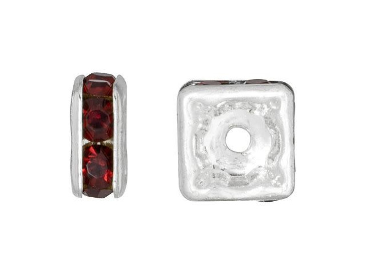 Silver-Plated 6mm Ruby Rhinestone Squaredelle Spacer Bead
