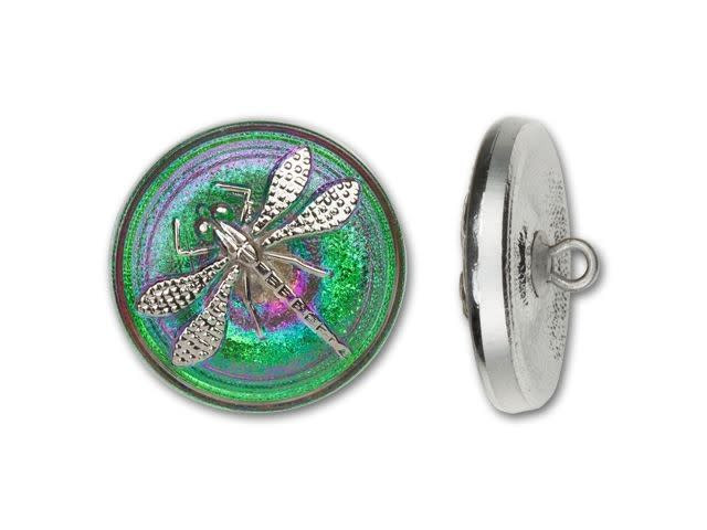 18mm Czech Glass Round Silver Dragonfly with Green and Hot Pink Background Button by Raven's Journey