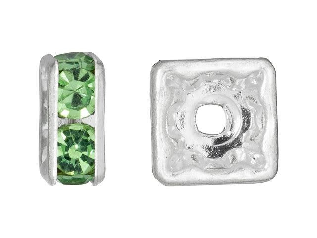 Silver-Plated 8mm Peridot Rhinestone Squaredelle Spacer Bead