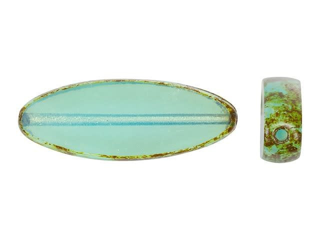 21x8mm Czech Glass Aqua Opaline with Picasso Finish Pointed Oval Bead Strand by Raven's Journey