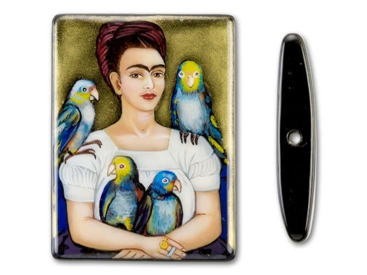30x40mm Me and my Parrots by Frida Kahlo on Black Agate Rectangle Bead