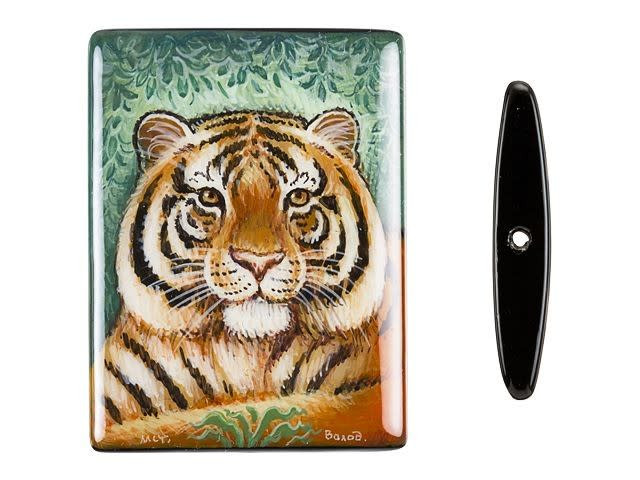 40x30mm Tiger in a Field on Black Agate Rectangle Bead