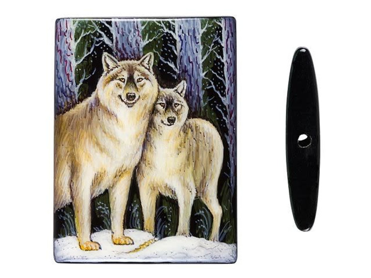 41x30mm Pair of Wolves on Black Agate Rectangle Bead