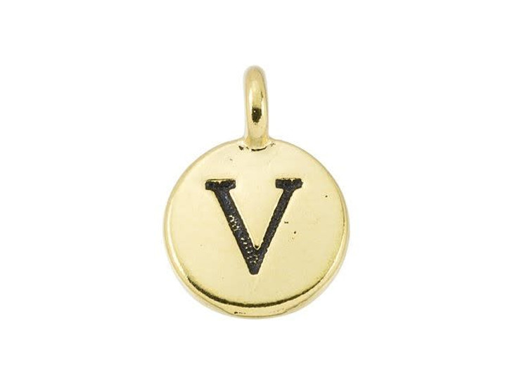 TierraCast Antique Gold-Plated Pewter Round Alphabet Charm - V
