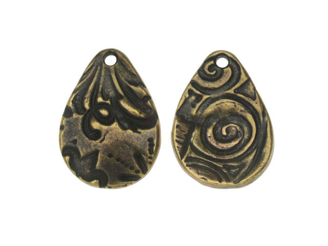 TierraCast Oxidized Brass-Plate Reversible Large Flora Teardrop Charm