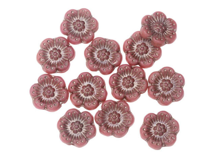 Czech Glass 14mm Vintage Pink Opaque with Platinum Wash Wild Rose Bead Strand by Raven's Journey