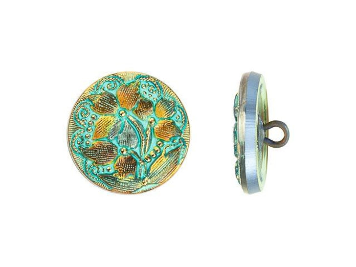 Czech Glass 18mm Round Lacy 3 Flower Design Golden Orange Iridescent with Turquoise Wash and Gold Paint Glass Button by Raven's Journey