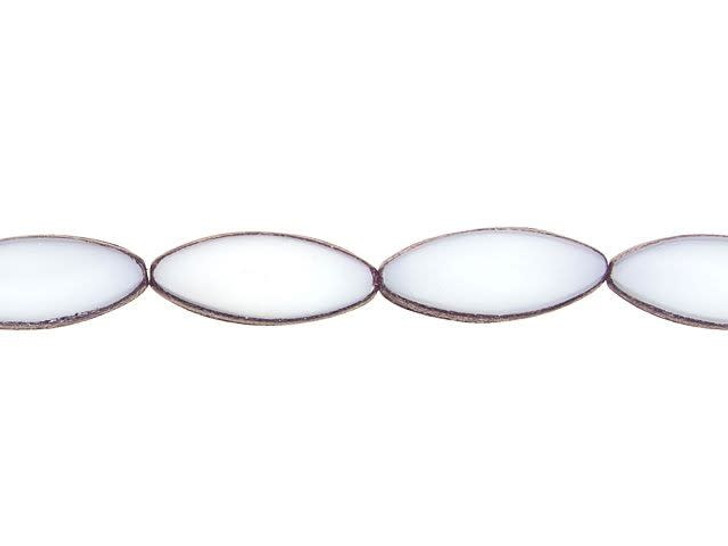 Czech Glass 20 x 9mm White Silk with Purple Bronze Pointed Oval Table-Cut Bead Strand by Raven's Journey