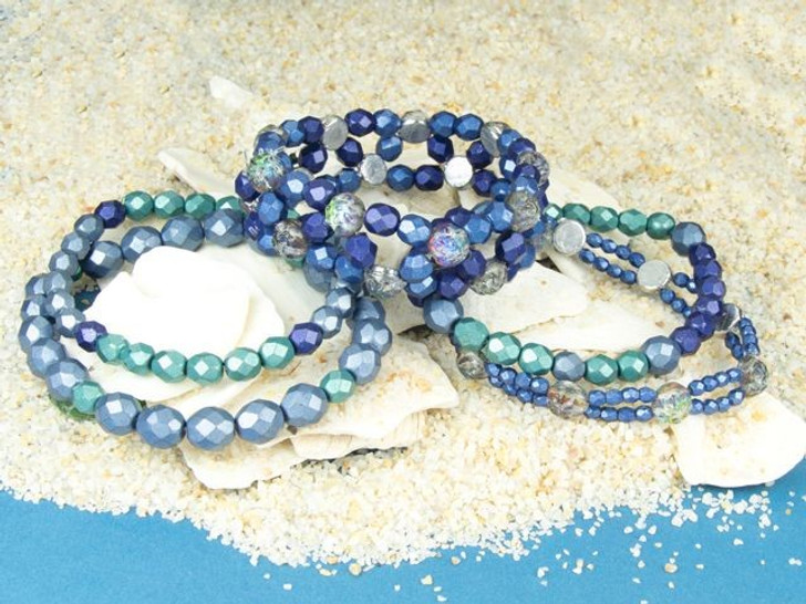 Blue and Green Stretch Cord Bracelets with Fire-Polished and Cabochon Beads