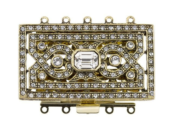 Antique Gold-Plated Extra Large Rectangle 5 Ring Clasp with Crystals