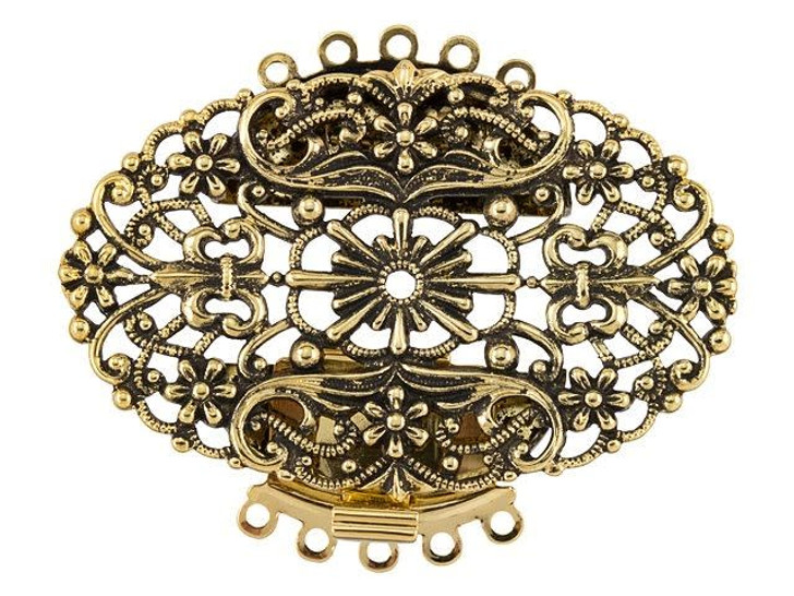 Antique Gold-Plated Filigree Oval Clasp, 47x30mm with 5 Rings