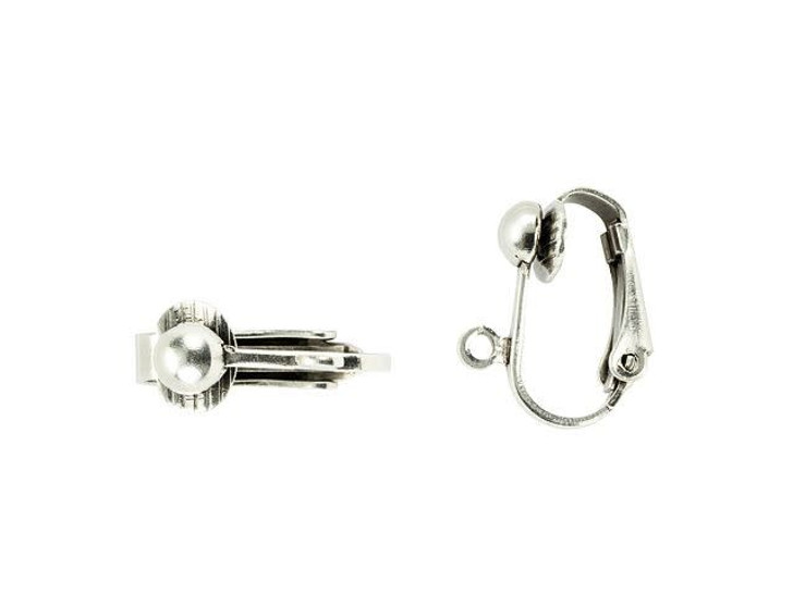 Antique Silver-Plated Brass Clip-On Earring with Loop (1 Pair)