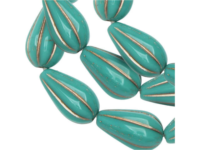 Czech Glass 13 X 8mm Opaque Turquoise With Platinum Wash Melon Drop Bead Strand By Raven S Journey