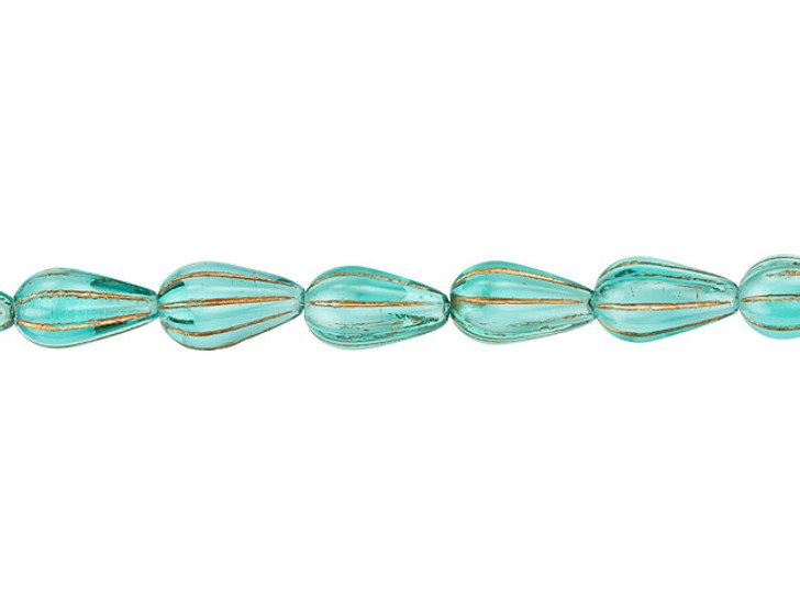 092 6 Teal with White Core and Brown Wash Fluted Glass Czech Melon Drop Beads   22x11mm