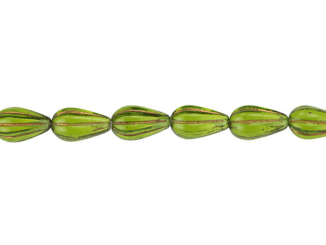 Czech Glass 13 x 8mm Transparent Olivine Green with Dark Bronze Wash Melon Drop Bead Strand by Raven's Journey