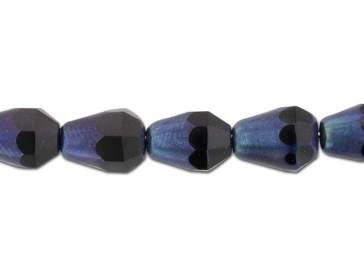 Czech Glass 8 x 6mm Jet Opaque with Blue/Purple Iris Luster Finish Bottom Cut Faceted Drop Bead Strand by Raven's Journey