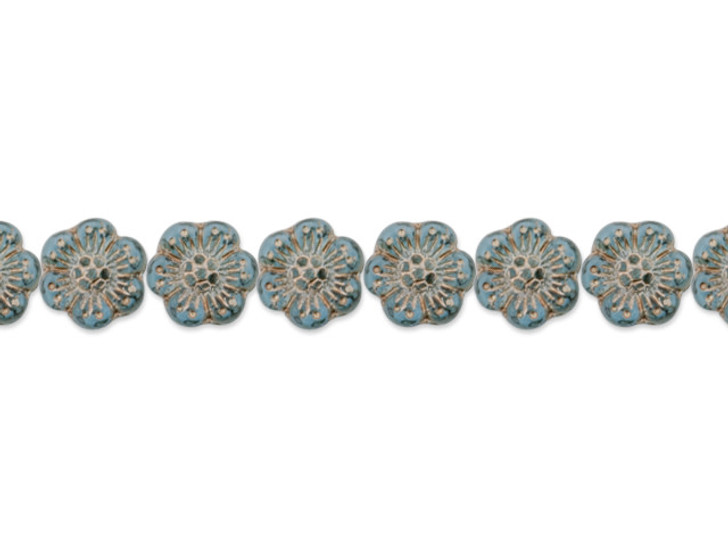 Czech Glass 14mm Wild Rose Aqua Blue Transparent with Platinum Wash Bead Strand by Raven's Journey