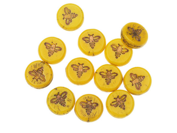 Czech Glass 12mm Pressed Coin with Bee Yolk Yellow Opaque with Dark Bronze Wash Bead Strand by Raven's Journey