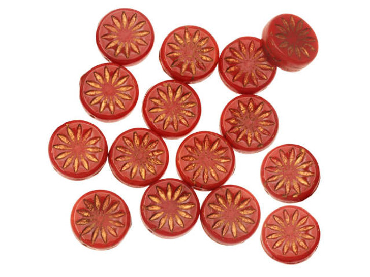 Czech Glass 12mm Burnt Orange Opaline with Dark Bronze Finish Aster Coin Bead Strand by Raven's Journey