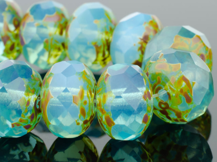 Czech Glass 9 x 6mm Aqua Blue Opaline with Picasso Finish Rondelle Bead Strand by Raven's Journey
