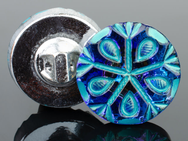 Czech Glass 18mm Round Tablecut Snowflake Electric Blue/Purple with Turquoise Wash Button by Raven's Journey
