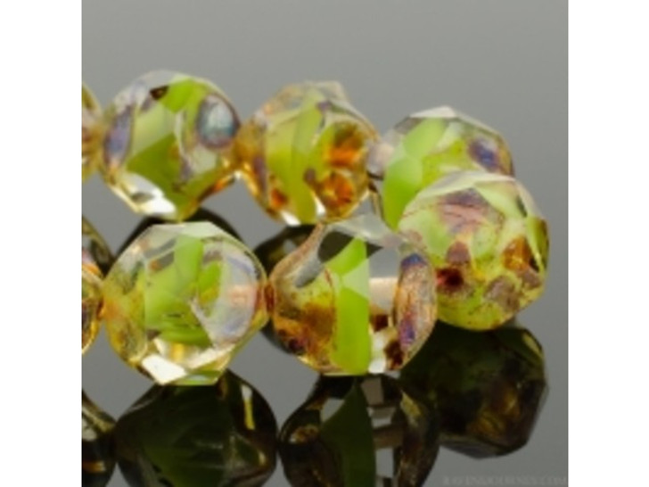 Czech Glass Central Cut (9mm) Crystal Transparent Green Silk Mix with Picasso Finish Bead Strand by Raven's Journey