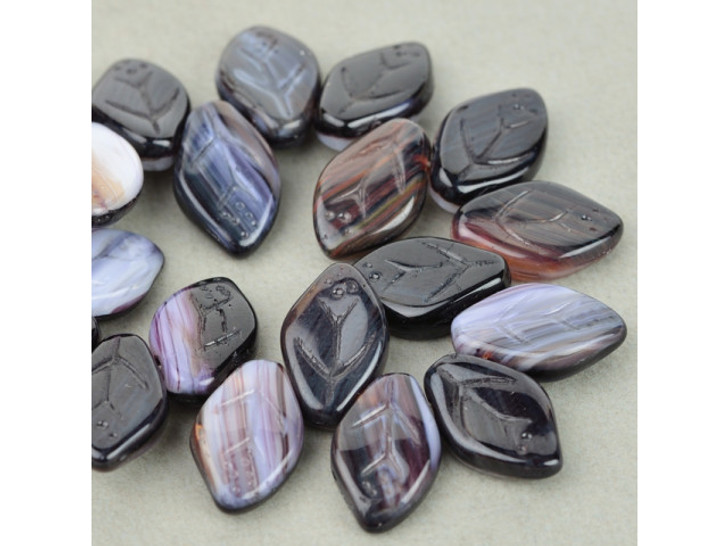 Czech Glass Medium Leaf (12x8mm) Jet White Topaz Mix Opaque Transparent Bead Strand by Raven's Journey