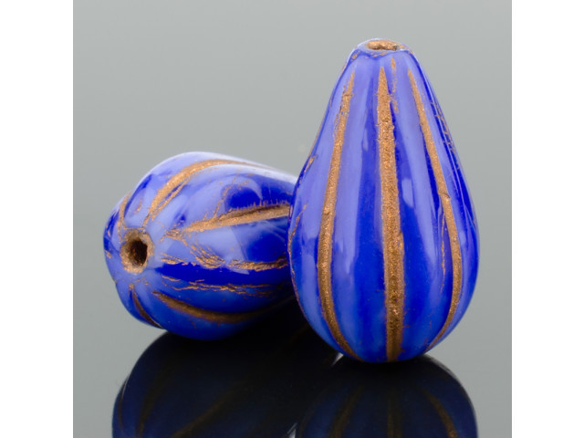 Czech Glass Melon Drop (13x8mm) Royal Blue Silk with Dark Bronze Wash Bead Strand by Raven's Journey