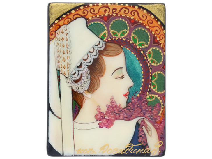 40 x 30mm Red Haired Woman by Mucha Black Agate Rectangle Bead