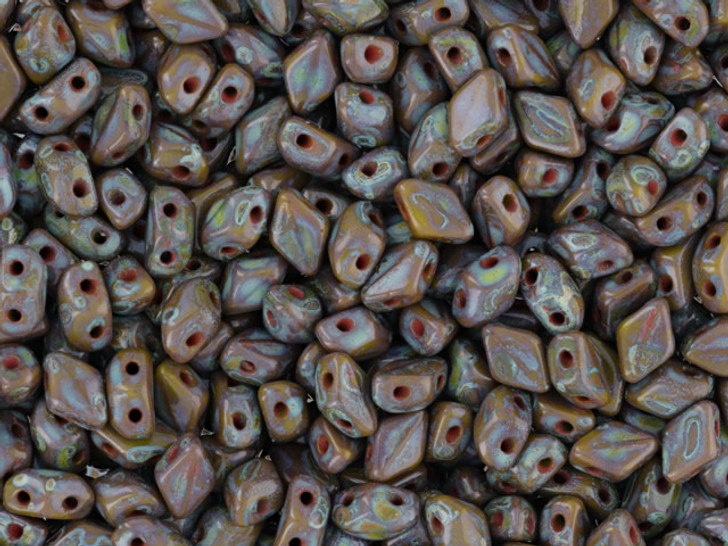 Clearance - Was $4.37 - Matubo MiniGemDuo 6 x 4mm Opaque Olivine - Picasso 2-Hole Bead 2.5-Inch Tube