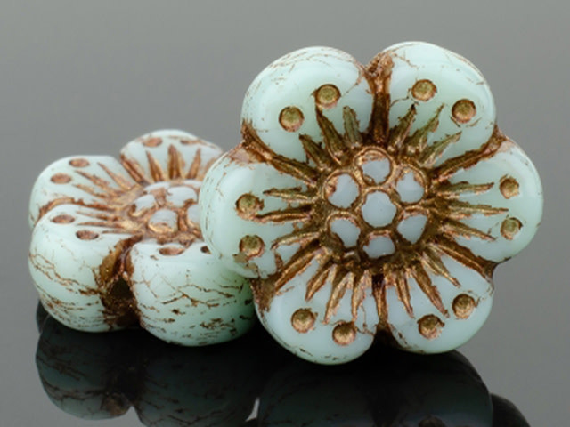 Czech Glass 14mm Wild Rose Light Turquoise Blue Opaque with Dark Bronze Wash Bead Strand by Raven's Journey