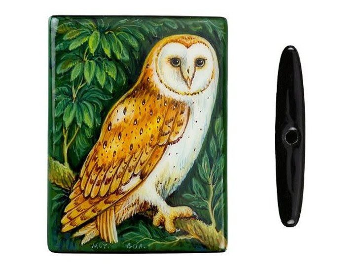 Barn Owl on Black Agate Rectangle Bead