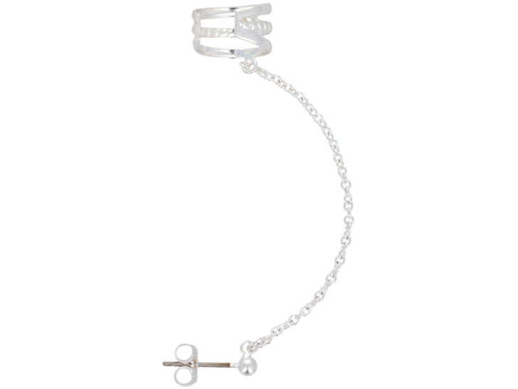 Silver Finish Ear Cuff with 2 Plain and 1 Textured Bar, Chain, Post with Ball and Earnut