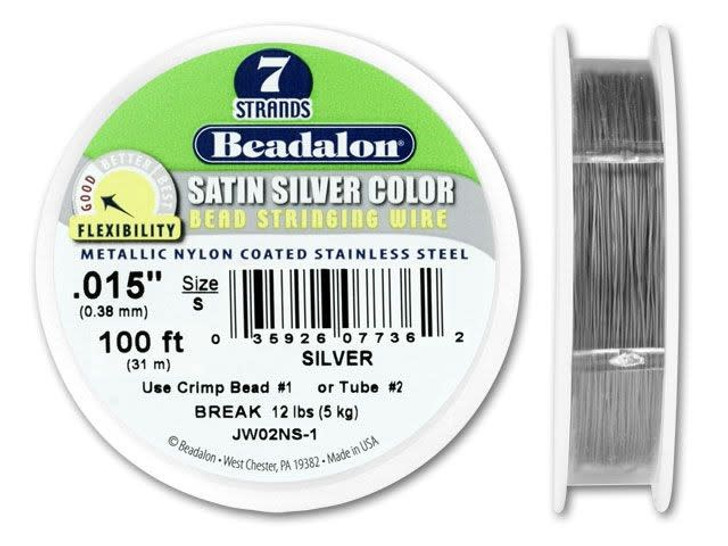 7 Strand Stainless Steel Bead Stringing Wire, .015 in (0.38 mm), Satin  Silver, 30 ft (9.2 m)