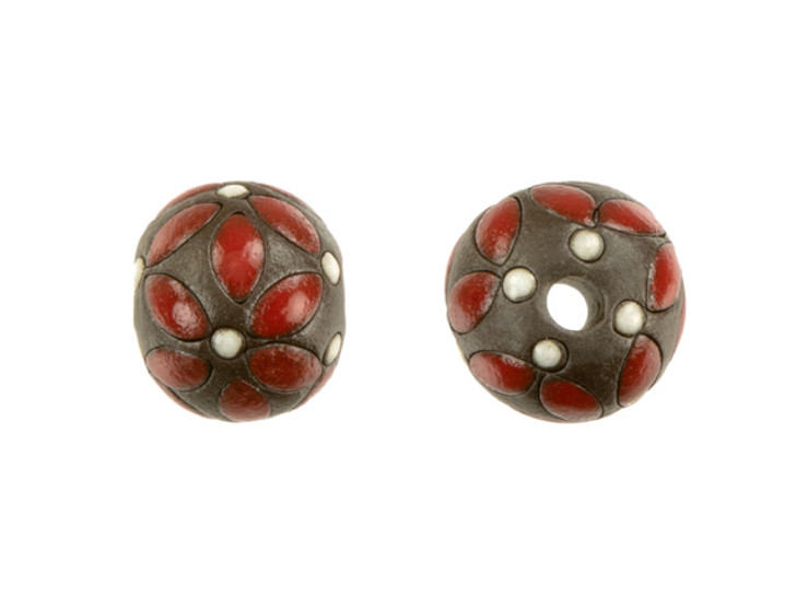 Red leaves on dark clay round bead